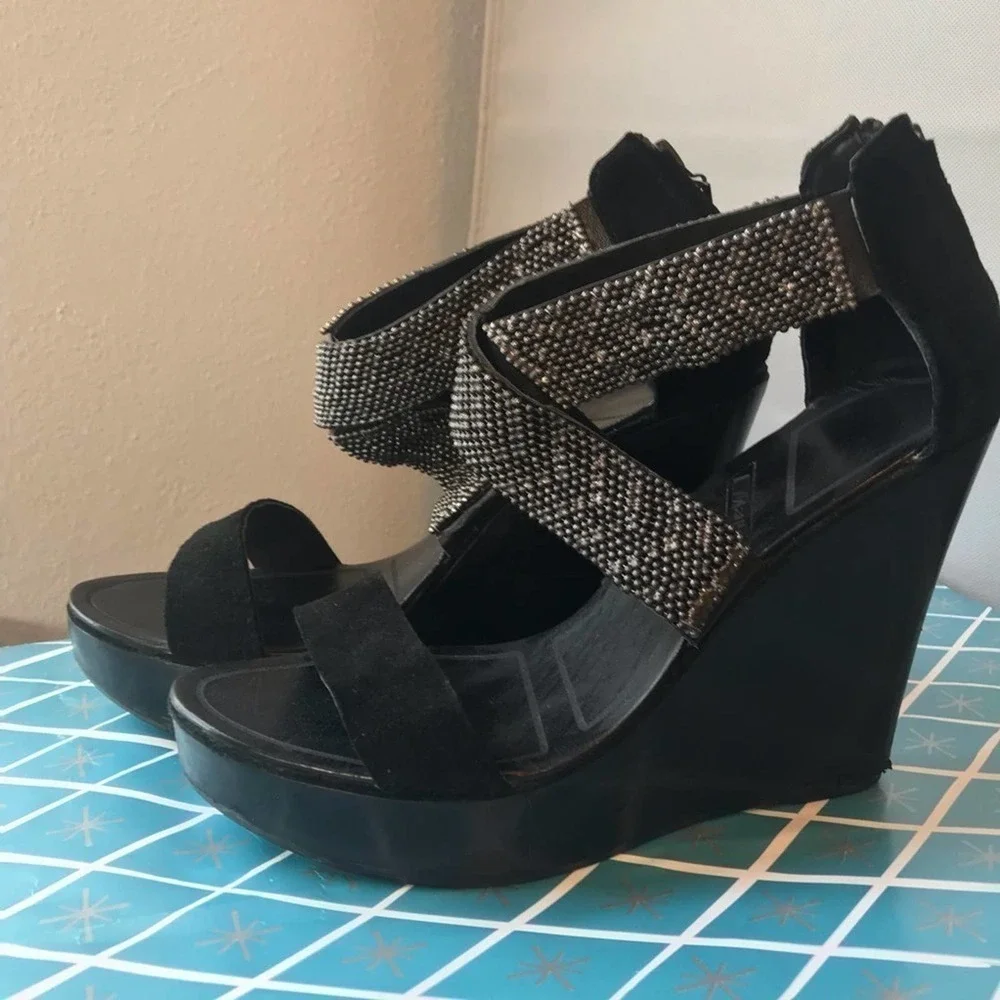 Matiko Black Suede Platform Wedge Sandal Platform Shoes Size 8